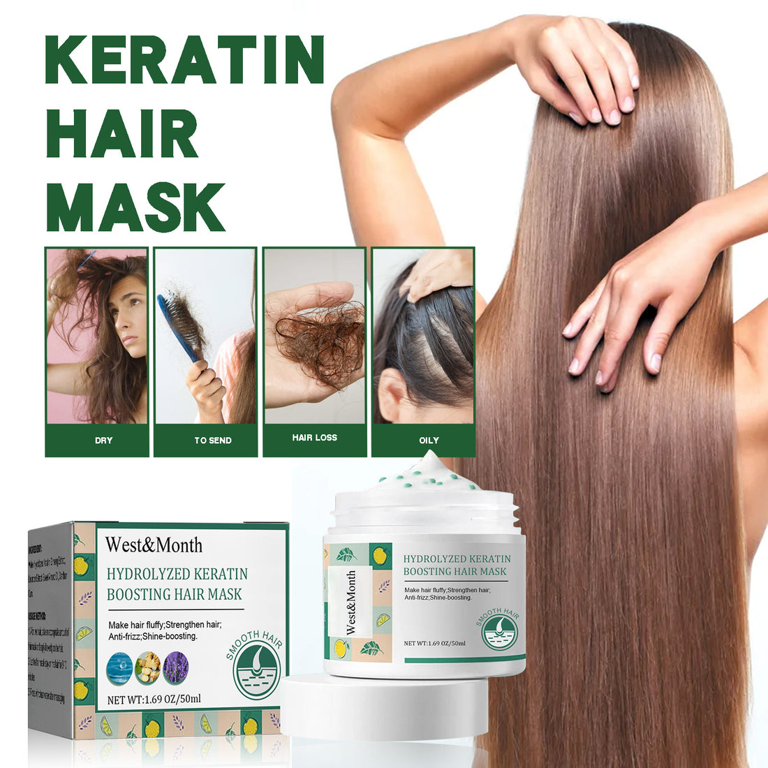 West&amp;Month Keratin Hair Mask, Moisturize Repair Split Ends Dry And Frizzy Smooth Hair Care Mask