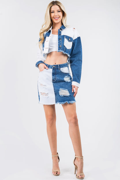 Americans Bazi Contrast Patched Frayed Denim Distressed Skirts