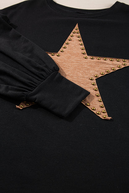 Black Studded Star Graphic Oversized Long Sleeve Top