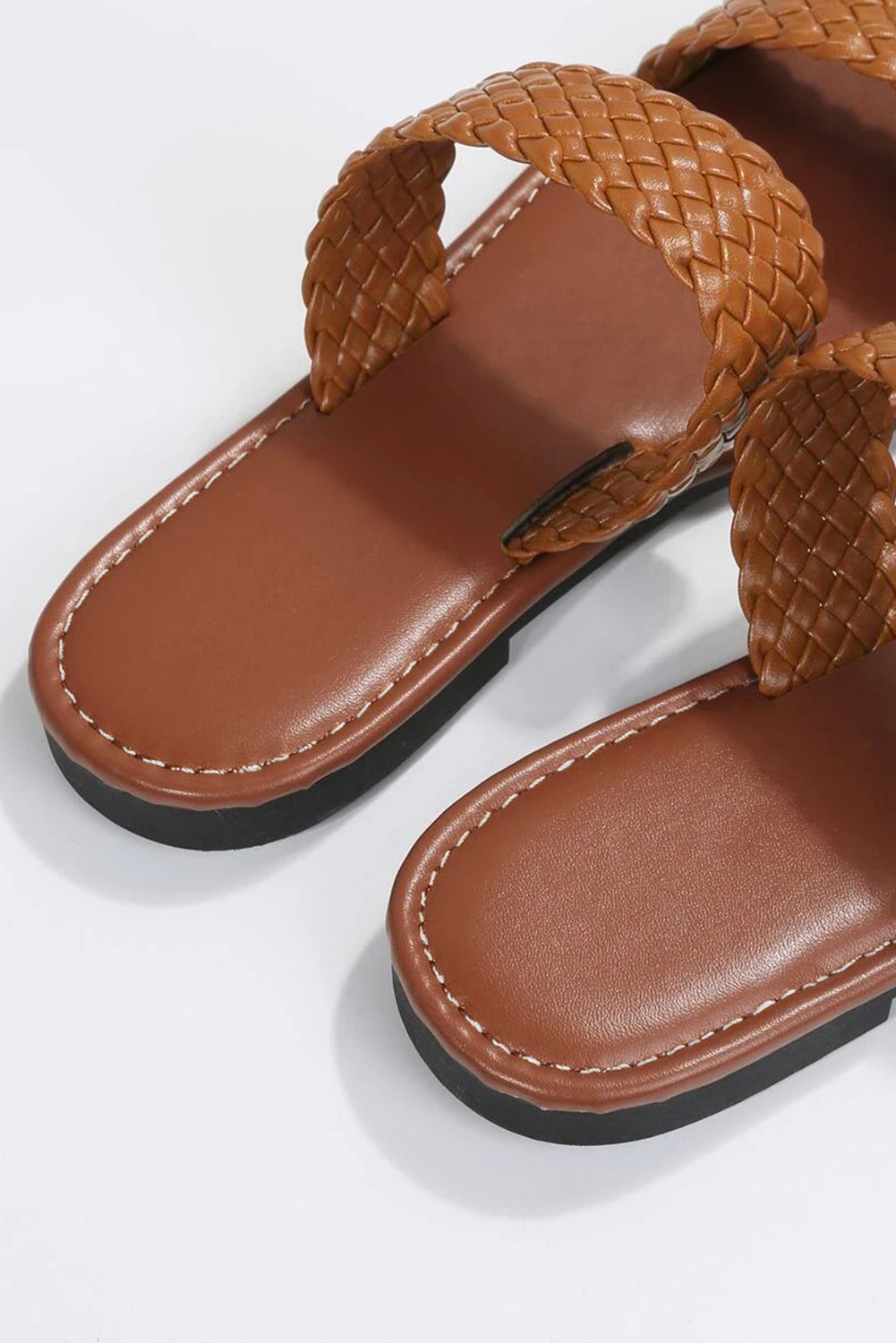 Chestnut Braided Double Band Leathered Flat Slippers