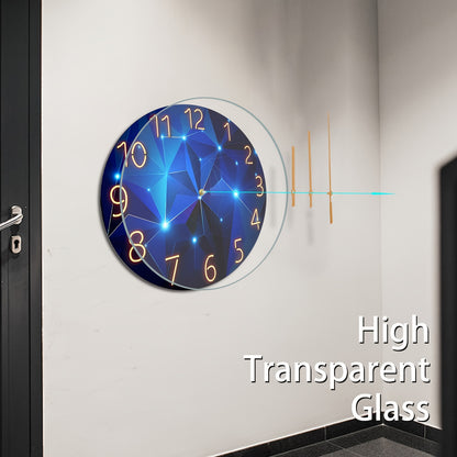 12&quot;/14&quot; Silent Wall Clock - Dreamy Dark Blue Geometric Design, Thick 4mm Tempered Glass, Japanese Quartz Movement
