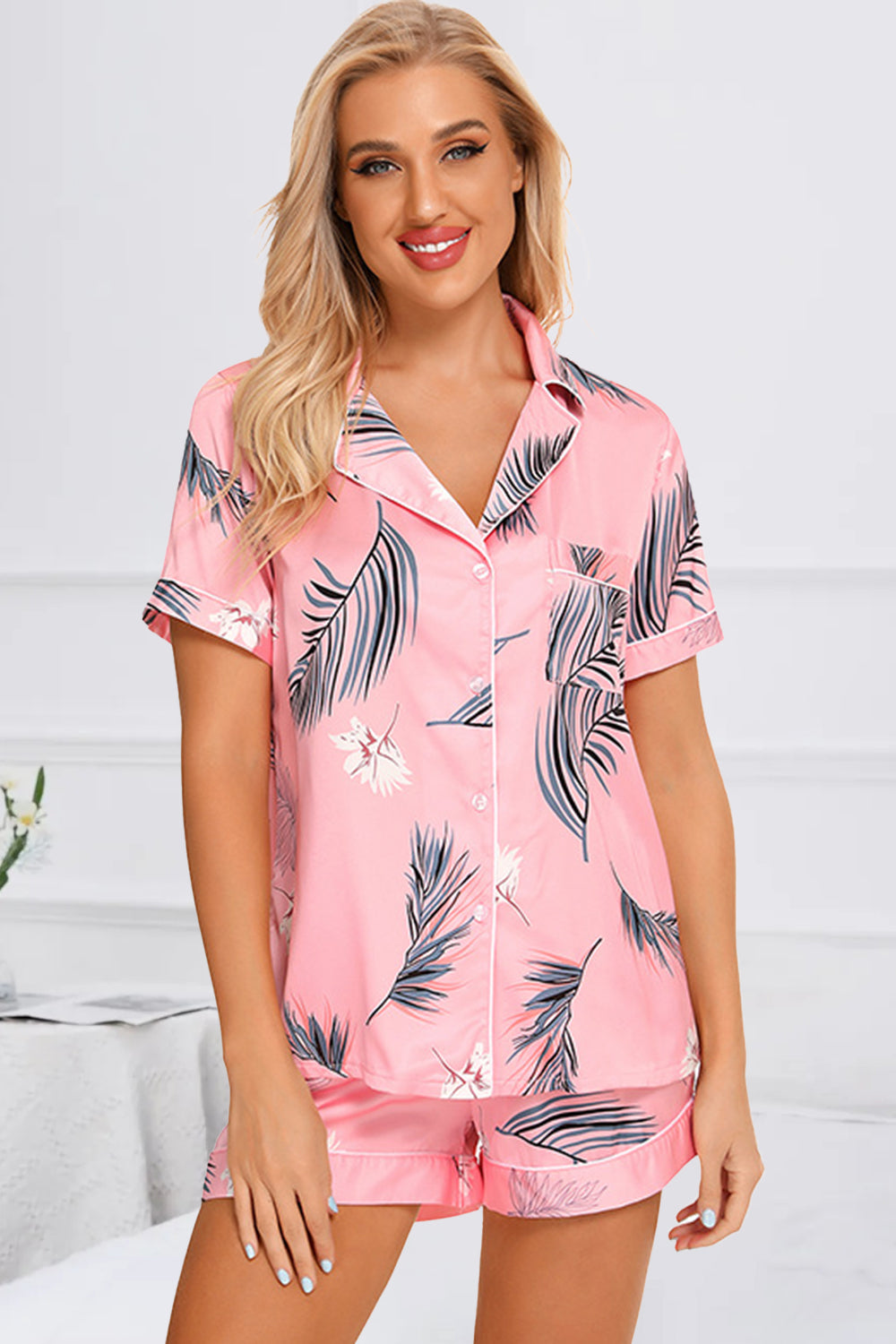 Printed Button-Up Short Sleeve Top and Shorts Lounge Set