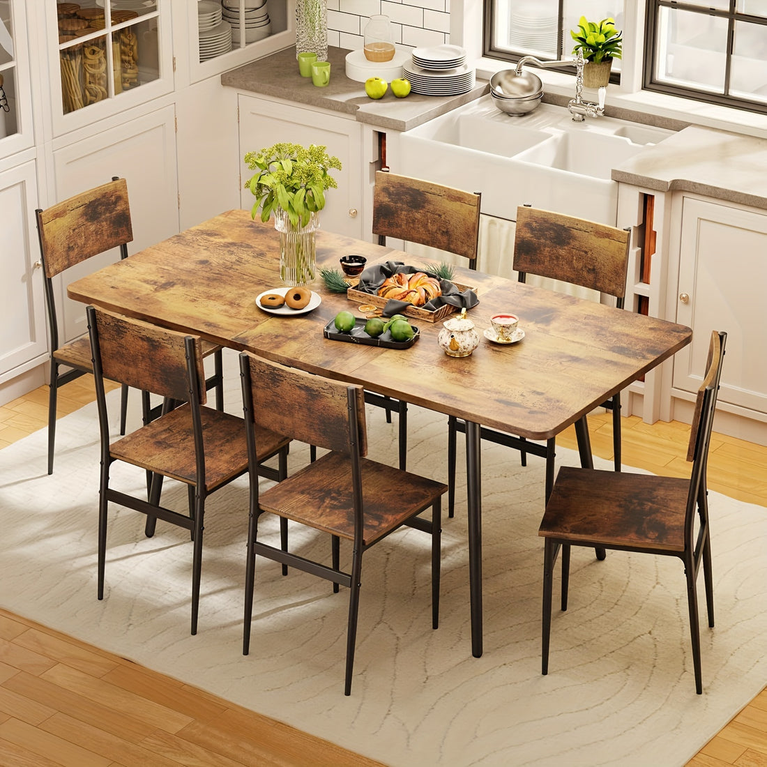 63&quot; Extendable Dining Table Set for 4-6 People, 7pcs Dining Table Set for 6 People with 6 Chairs, MDF Wood Board