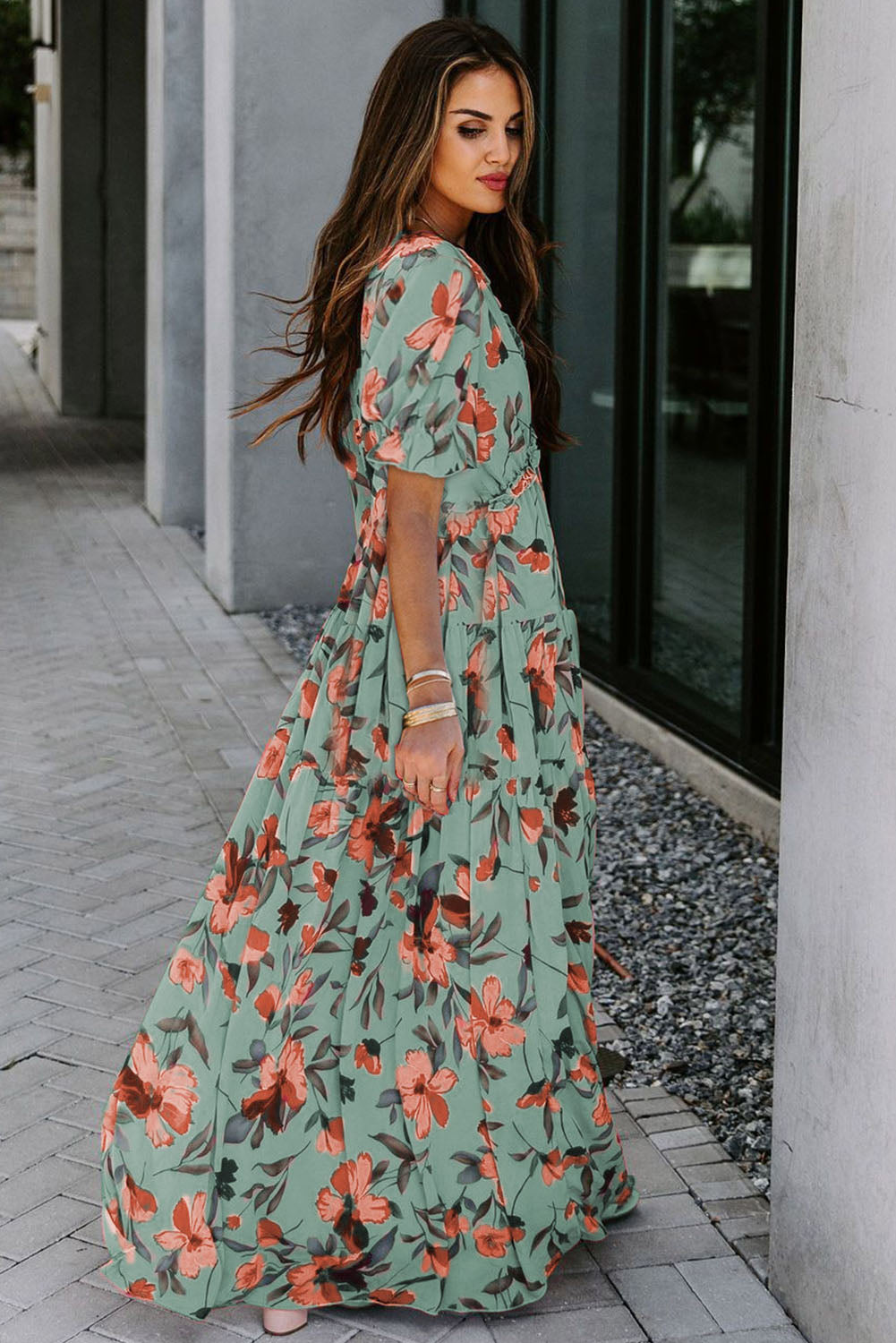 Sky Blue Fiery Floral Print Frilled V Neck Short Sleeve Maxi Dress