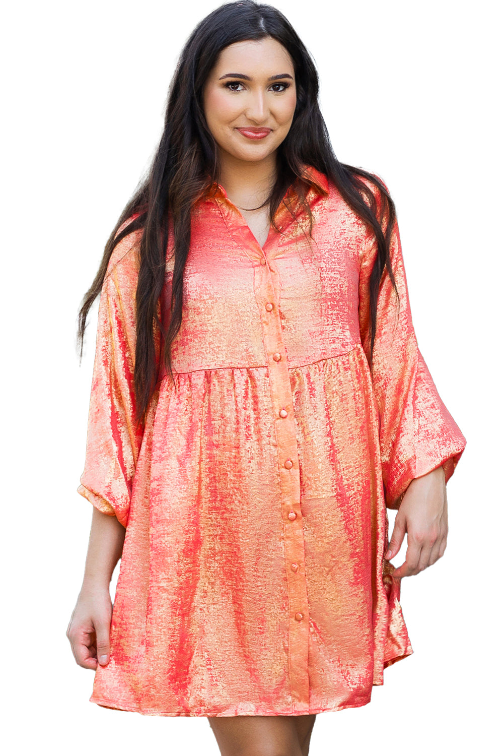 Metallic Sheen Puff Sleeve Button Up Mini Shirt Dress: Peach Blossom