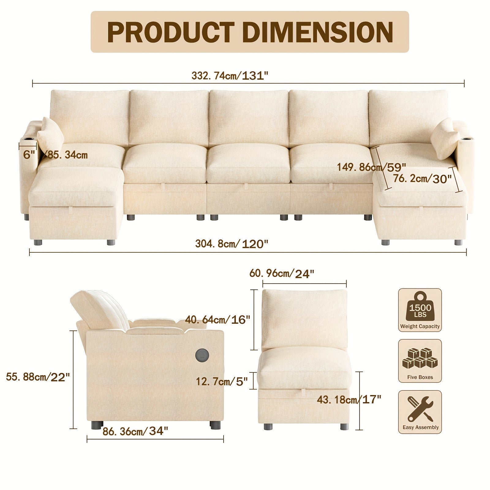 Multi-Seater Fabric Sectional Sofa | Comfortable Sectional Sofa With Storage, Cup Holder, Soft Recliner Combination Sofa For Living Room Or Office, Beige