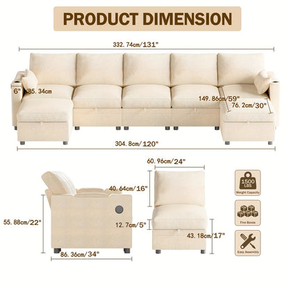 Multi-Seater Fabric Sectional Sofa | Comfortable Sectional Sofa With Storage, Cup Holder, Soft Recliner Combination Sofa For Living Room Or Office, Beige