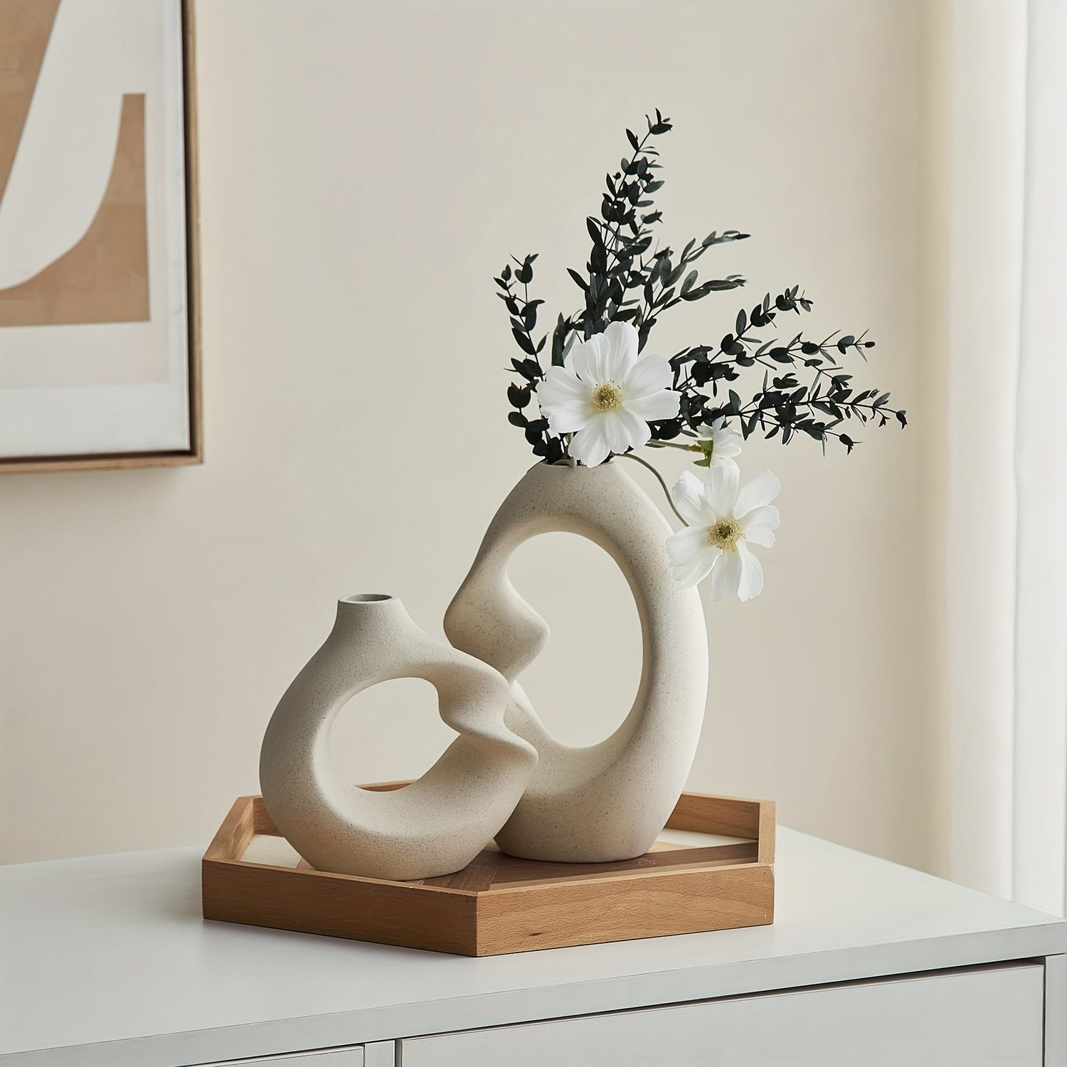 Modern Abstract Vase Set, White Ceramic Vase Modern Vase 2pcs Set Abs