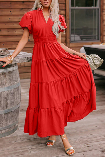 Bright Green Solid Color V Neck Short Puff Sleeve High Waist Tiered Maxi Dress