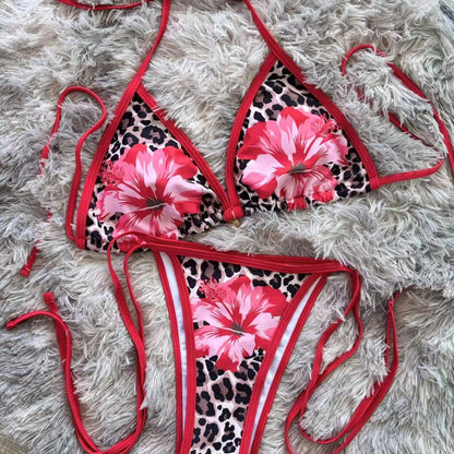 Leopard Print Red Flower Bikini Tie-Up Two-Piece Swimsuit Bikini Export
