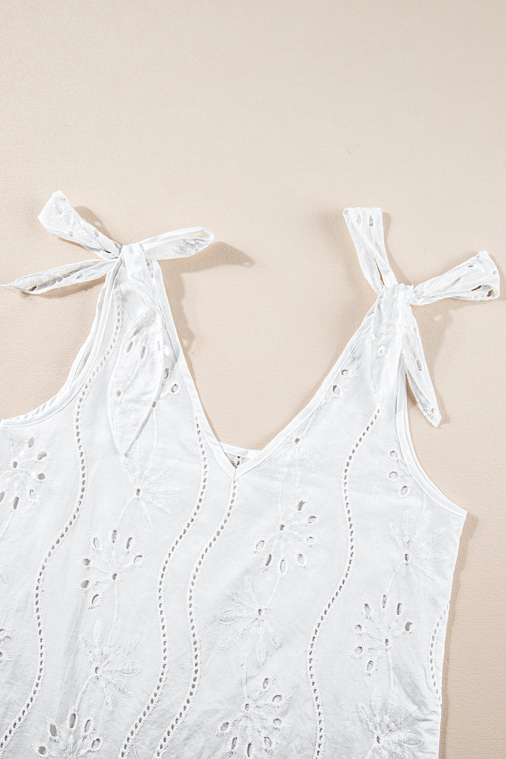 White Embroidery Patterned Knotted Straps V Neck Tank Top