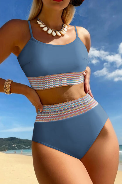 Blue Colorful Stitch Border Detail 2pcs High Waist Bikini Swimsuit