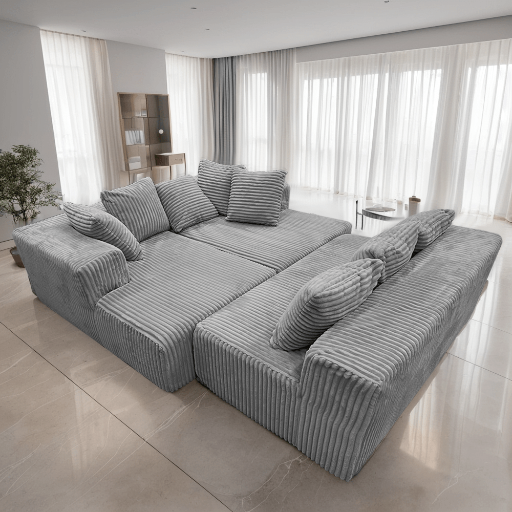 4-Seater Modular U-Shaped Sectional Sofa with Chaise Lounge | Striped Corduroy Upholstery, Grey | Free Configuration, Easy Assembly