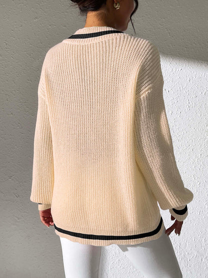 V-Neck Long Sleeve Sweater with Contrast Trim