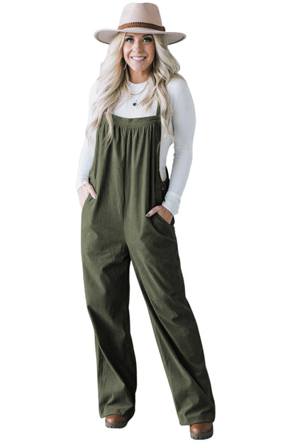 Black solid pocketed loose-fitting corduroy overall.