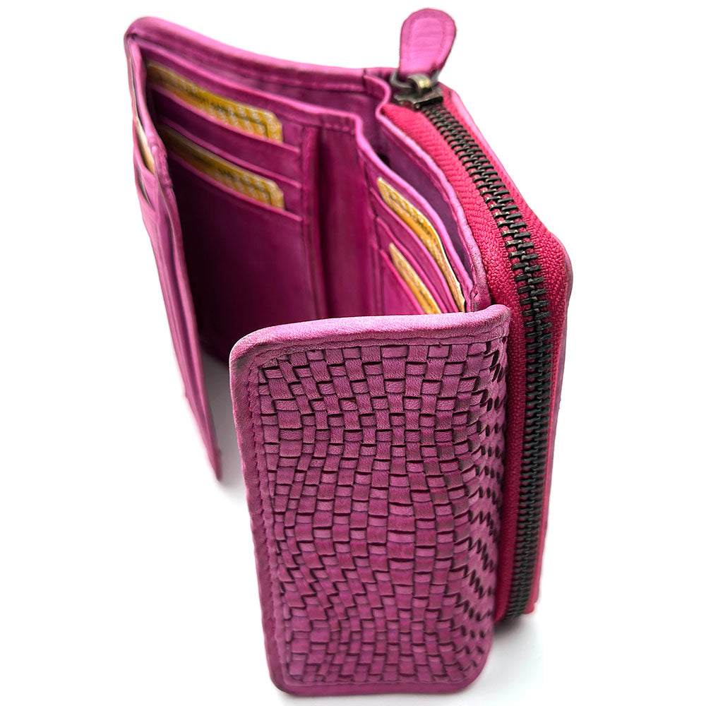 Selenia Washed Cow Leather Woven Wallet - Made In Italy