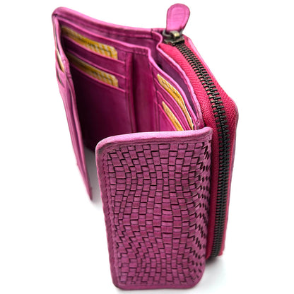 Selenia Washed Cow Leather Woven Wallet - Made In Italy