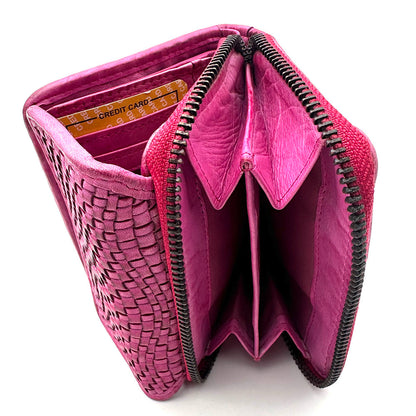 Selenia Washed Cow Leather Woven Wallet - Made In Italy