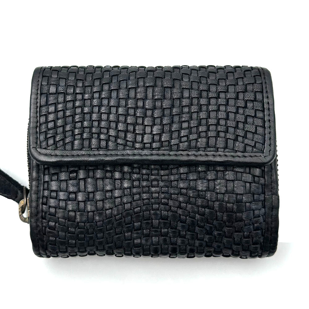 Selenia Washed Cow Leather Woven Wallet - Made In Italy