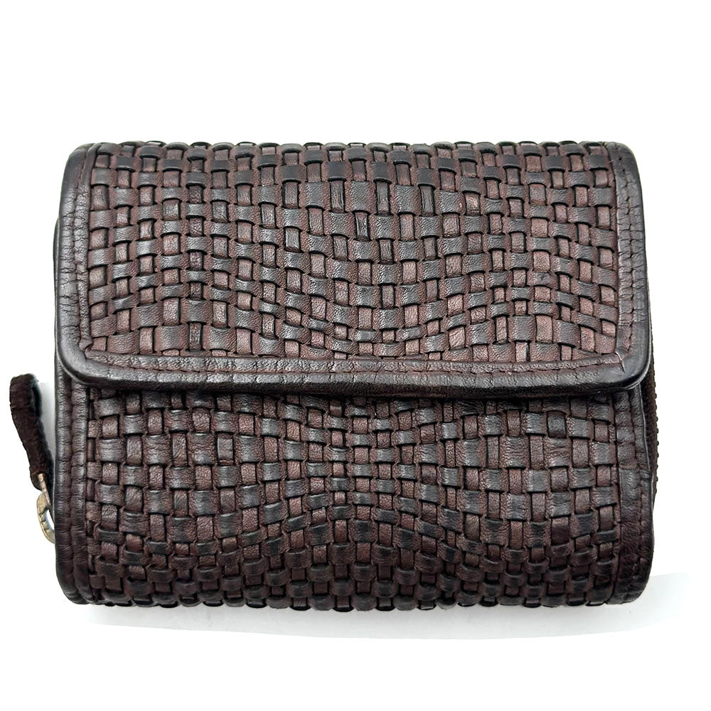 Selenia Washed Cow Leather Woven Wallet - Made In Italy