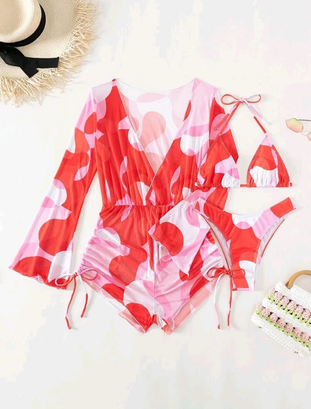 Jumpsuit long sleeved mesh hood bikini three piece swimsuit women&