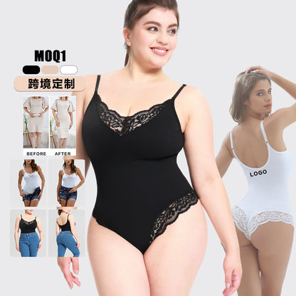 Plus Size Lace Thong Open Crotch Abdominal Support Bodysuit Strap Shapewear Underwear