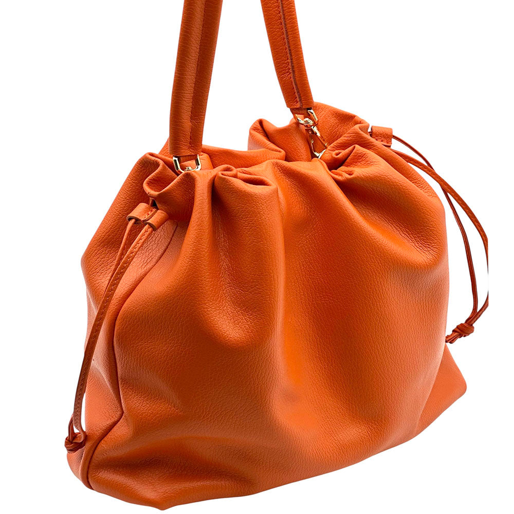 Luciana Cow Leather Drawstring Shoulder Bag - Made In Italy