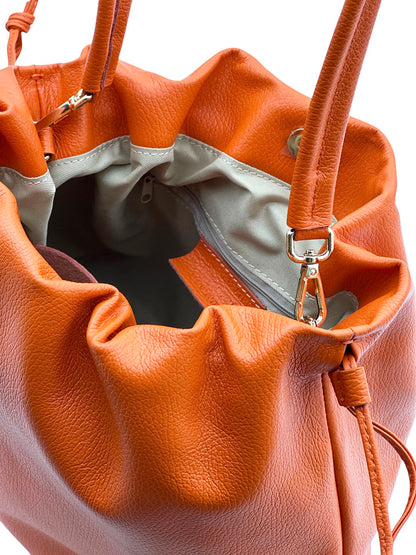 Luciana Cow Leather Drawstring Shoulder Bag - Made In Italy