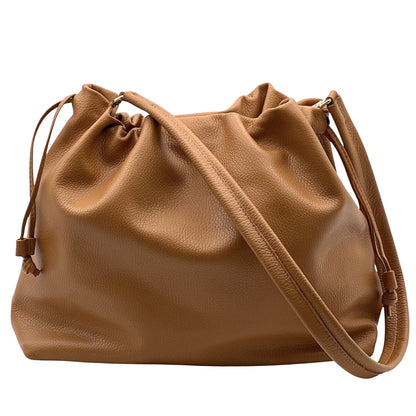 Luciana Cow Leather Drawstring Shoulder Bag - Made In Italy