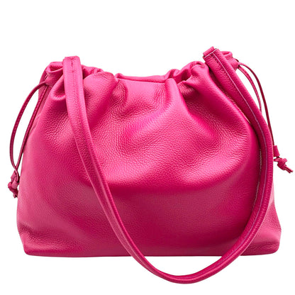 Luciana Cow Leather Drawstring Shoulder Bag - Made In Italy