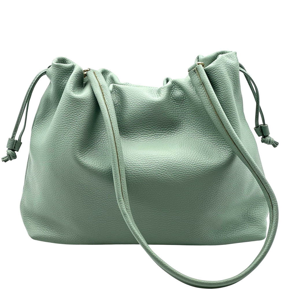 Luciana Cow Leather Drawstring Shoulder Bag - Made In Italy