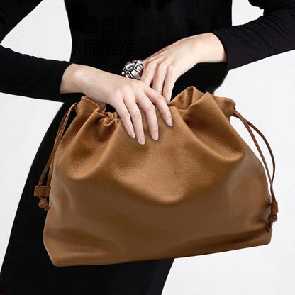 Luciana Cow Leather Drawstring Shoulder Bag - Made In Italy