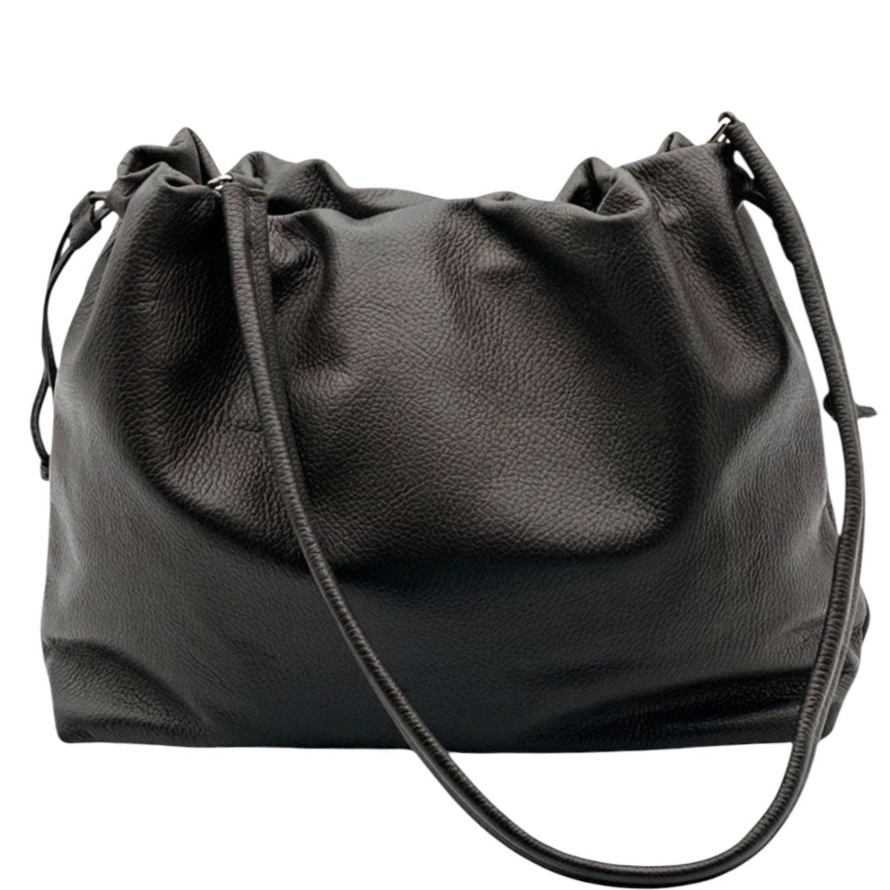 Luciana Cow Leather Drawstring Shoulder Bag - Made In Italy