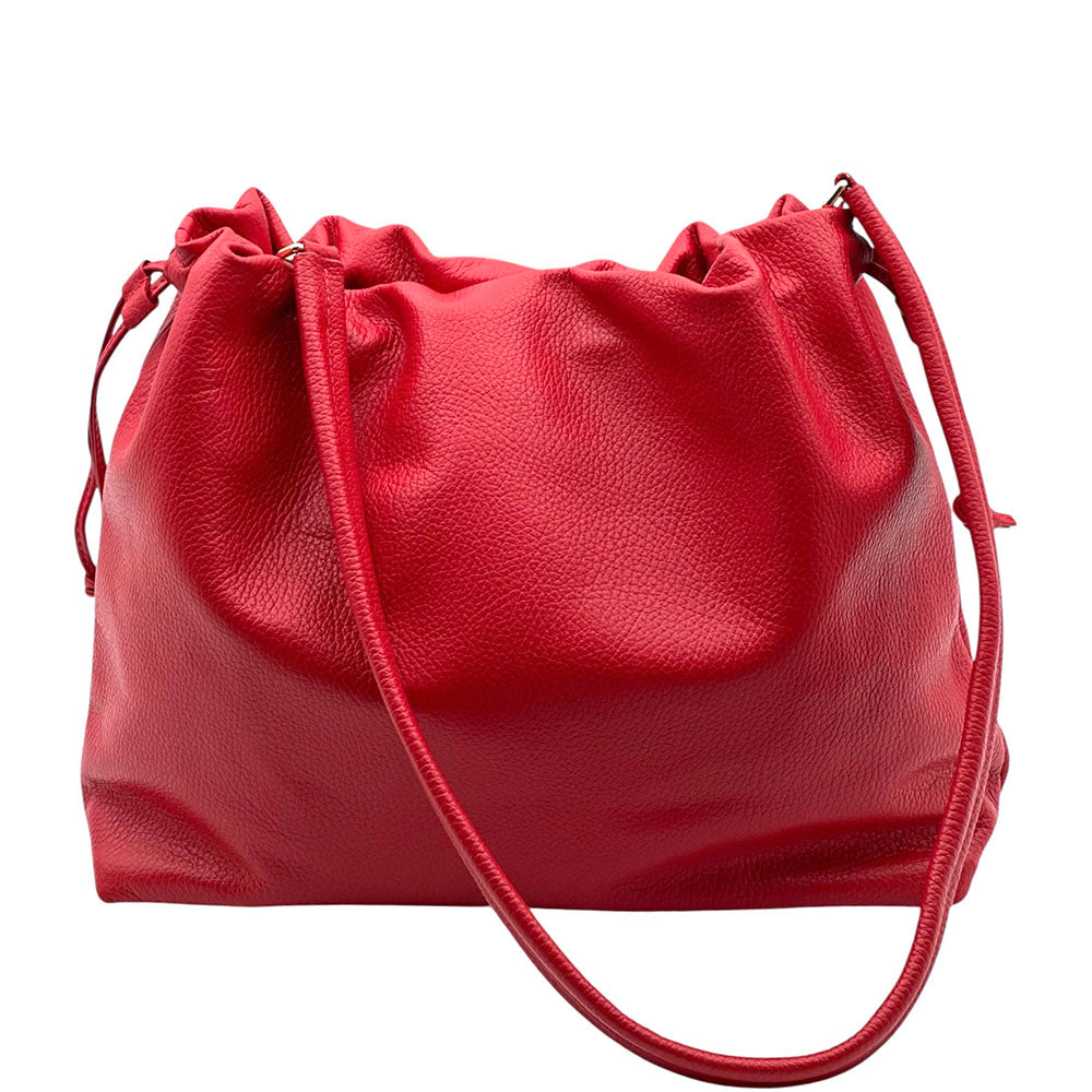 Luciana Cow Leather Drawstring Shoulder Bag - Made In Italy