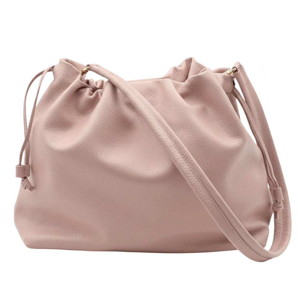 Luciana Cow Leather Drawstring Shoulder Bag - Made In Italy