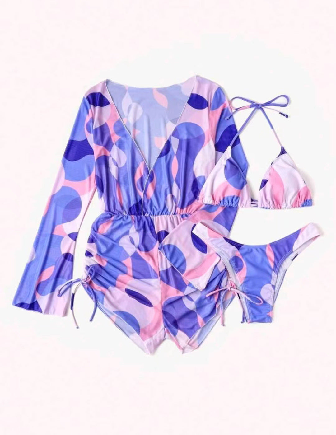 Jumpsuit long sleeved mesh hood bikini three piece swimsuit women&