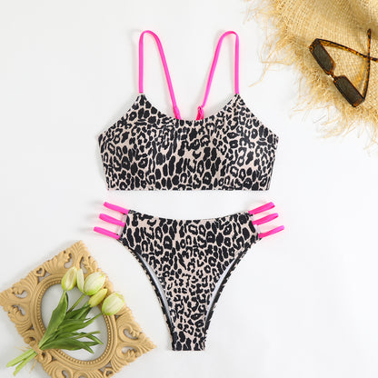 Leopard print multi rope hollow swimsuit bikini