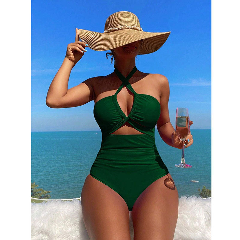 Solid color strap neck one-piece swimsuit