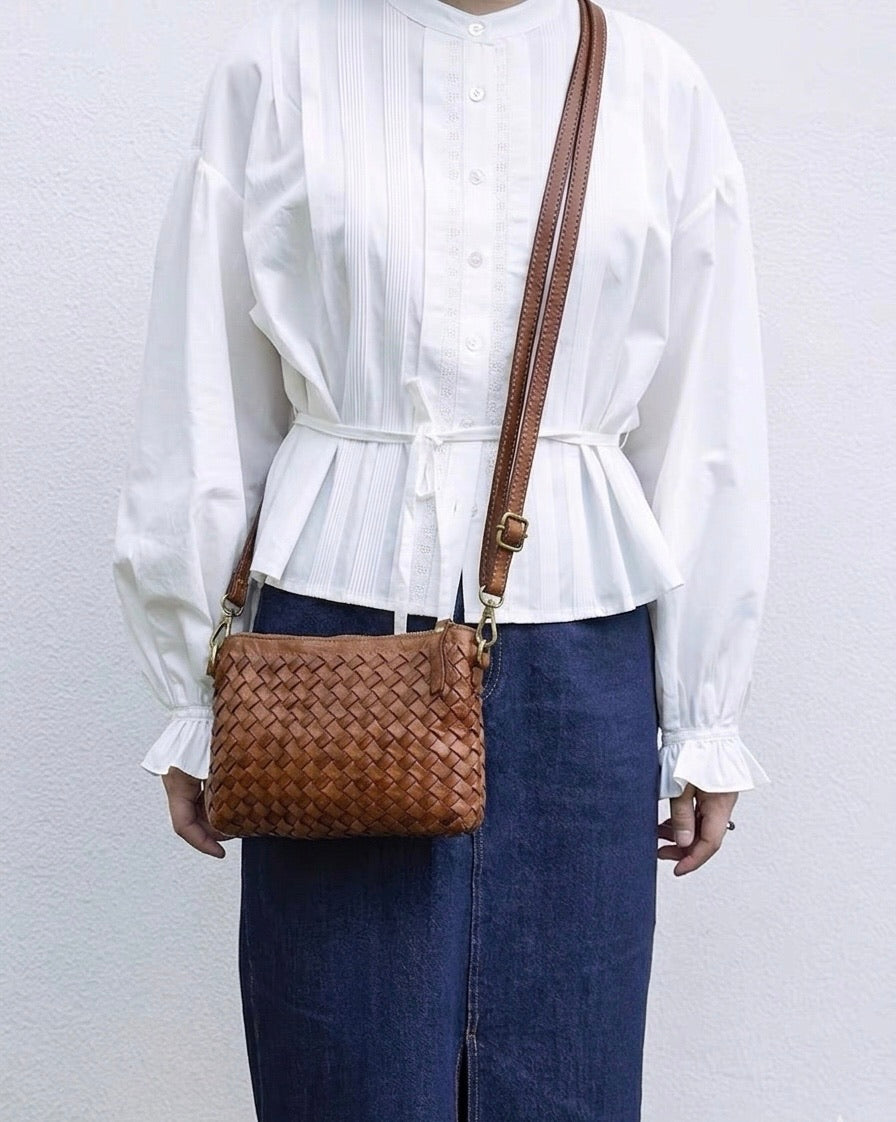 Norevia Mini Washed Cow Leather Woven Crossbody Bag - Made In Italy