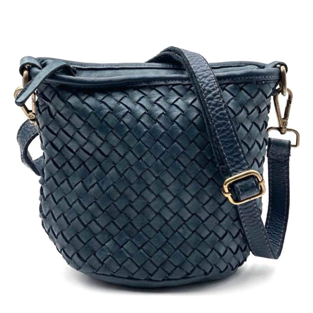 Terenzia Cow Leather Woven Bucket Crossbody Bag - Made In Italy