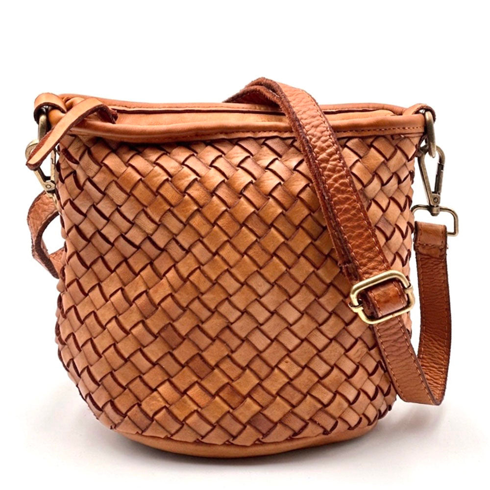 Terenzia Cow Leather Woven Bucket Crossbody Bag - Made In Italy