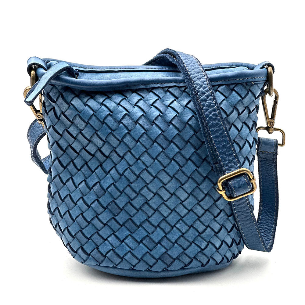 Terenzia Cow Leather Woven Bucket Crossbody Bag - Made In Italy