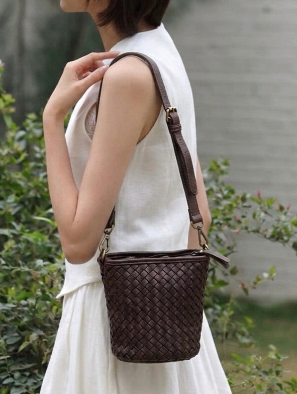 Terenzia Cow Leather Woven Bucket Crossbody Bag - Made In Italy