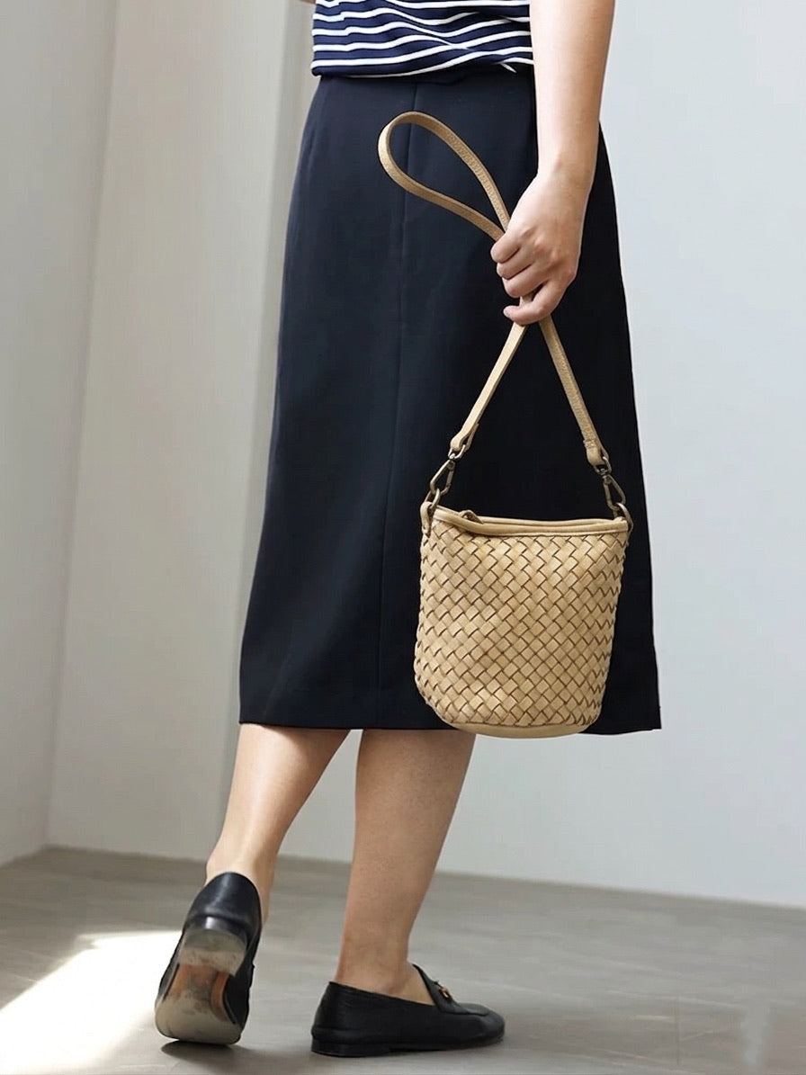 Terenzia Cow Leather Woven Bucket Crossbody Bag - Made In Italy
