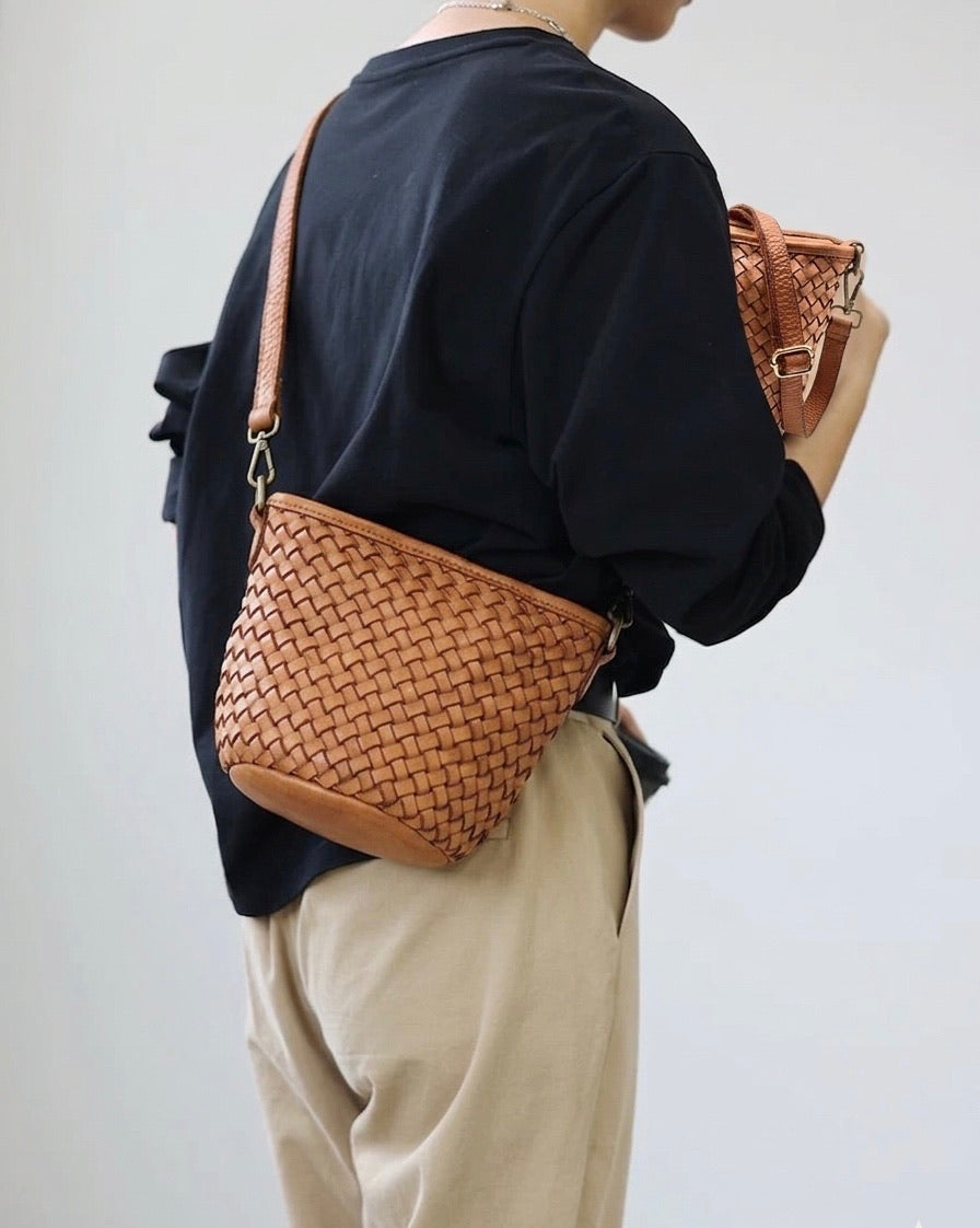 Terenzia Cow Leather Woven Bucket Crossbody Bag - Made In Italy