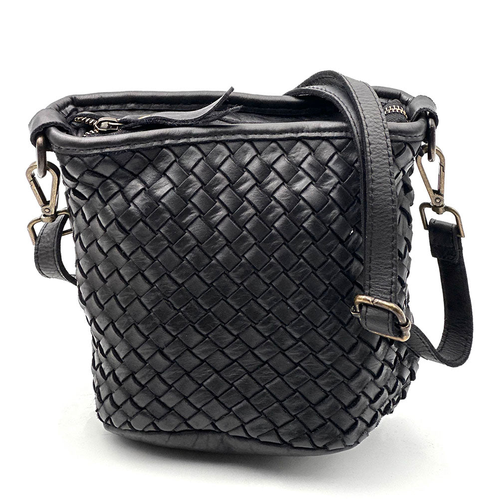 Terenzia Cow Leather Woven Bucket Crossbody Bag - Made In Italy