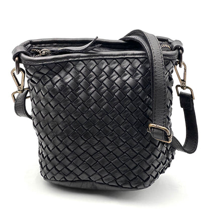 Terenzia Cow Leather Woven Bucket Crossbody Bag - Made In Italy