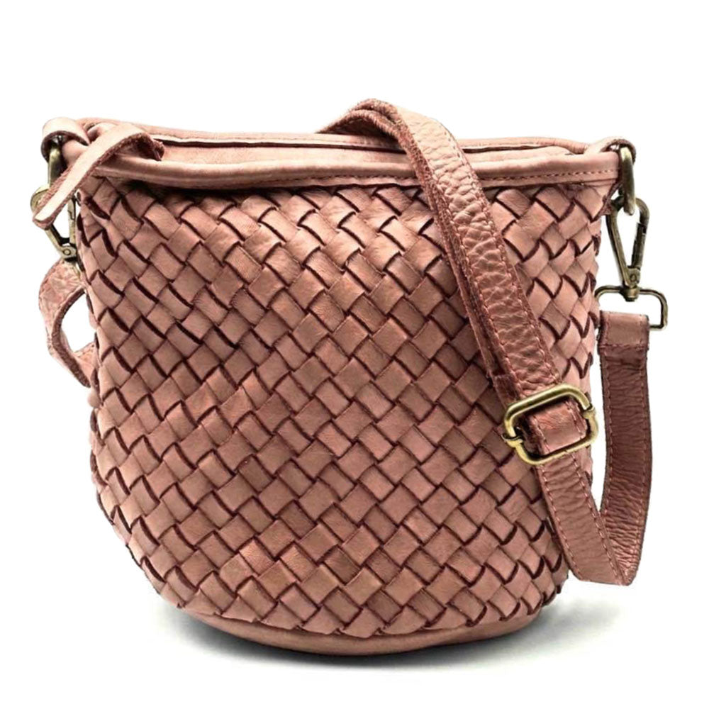 Terenzia Cow Leather Woven Bucket Crossbody Bag - Made In Italy