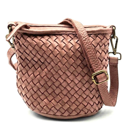 Terenzia Cow Leather Woven Bucket Crossbody Bag - Made In Italy