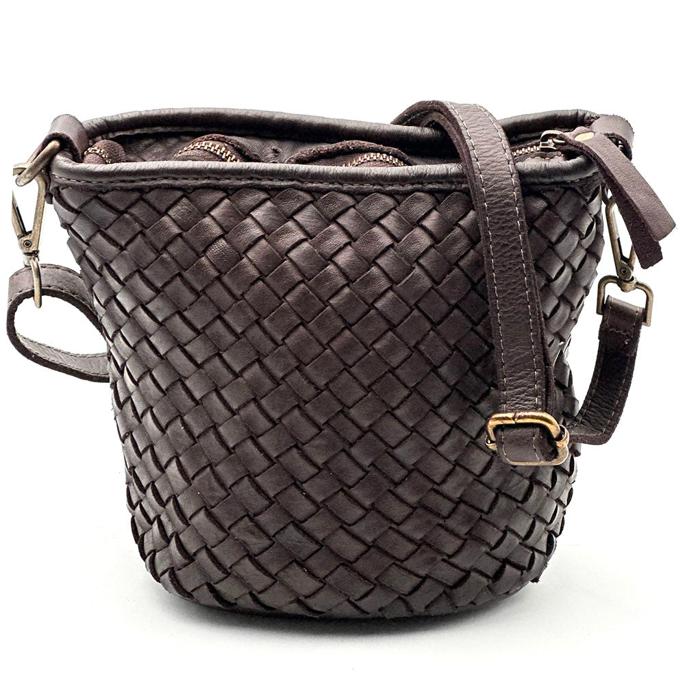 Terenzia Cow Leather Woven Bucket Crossbody Bag - Made In Italy